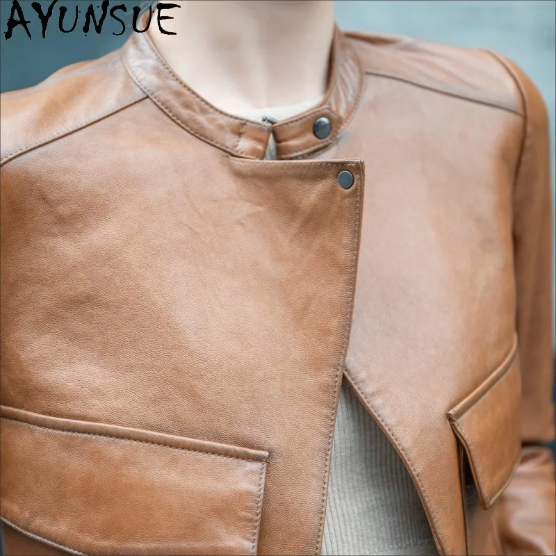 AYUNSUE Echtes Schaffell Echt Leder Jacke Frau 2025, Motorrad Mantel Damen Frühling Herbst Kleidung Stehen Kragen Jaqueta Couro