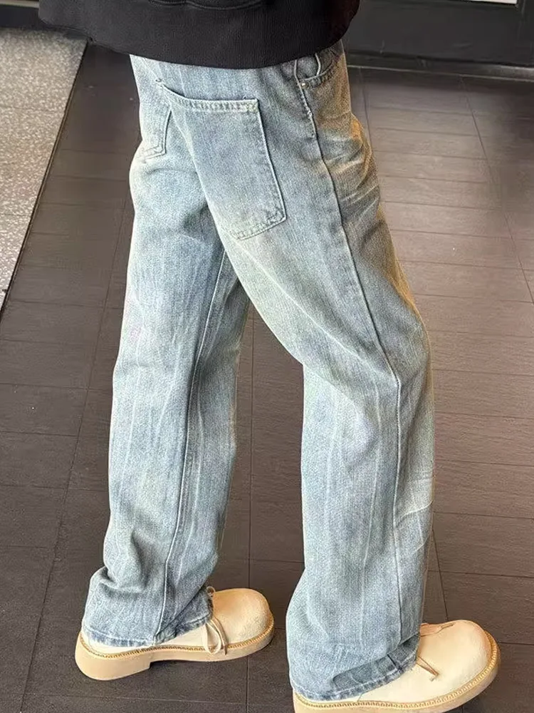 Calças Jeans Masculinas Americanas Retrô Outono Inverno com Corte Reto e Efeito Emaecido Micro Flare Marca Trendy Cleanfit