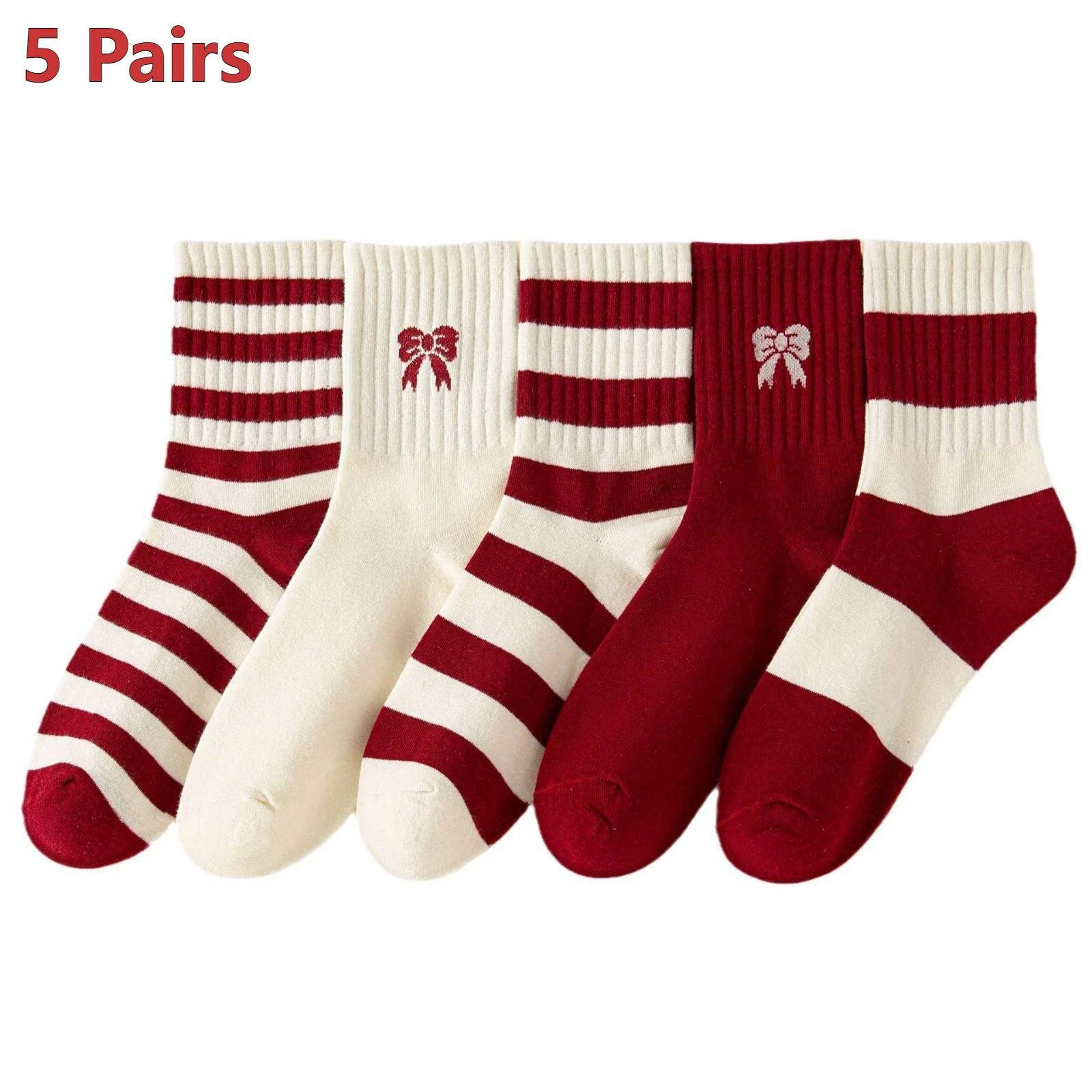 

[5 Pairs] 2026 Winter Socks for Women – Anker Red Stripe, Thick Cotton, Antibacterial, Mid-Calf Crew Socks, Christmas Gift & Tre