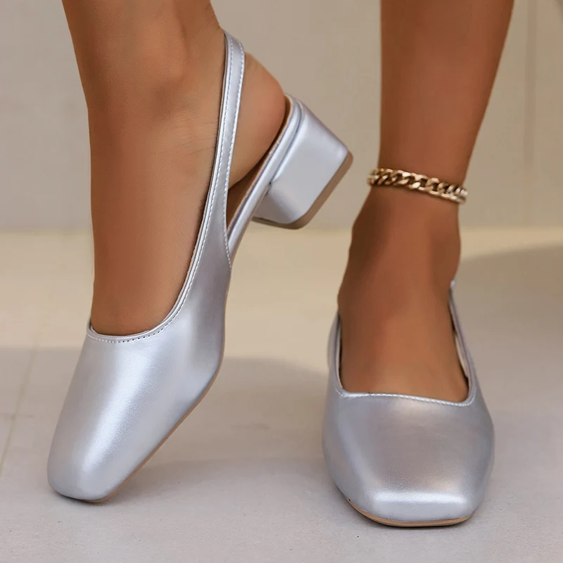 

Lucyever Silver Thick Heels Mules Sandals Women 2025 Spring Back Strap Square Toe Pumps Woman Shallow Mouth Baotou Sandalias