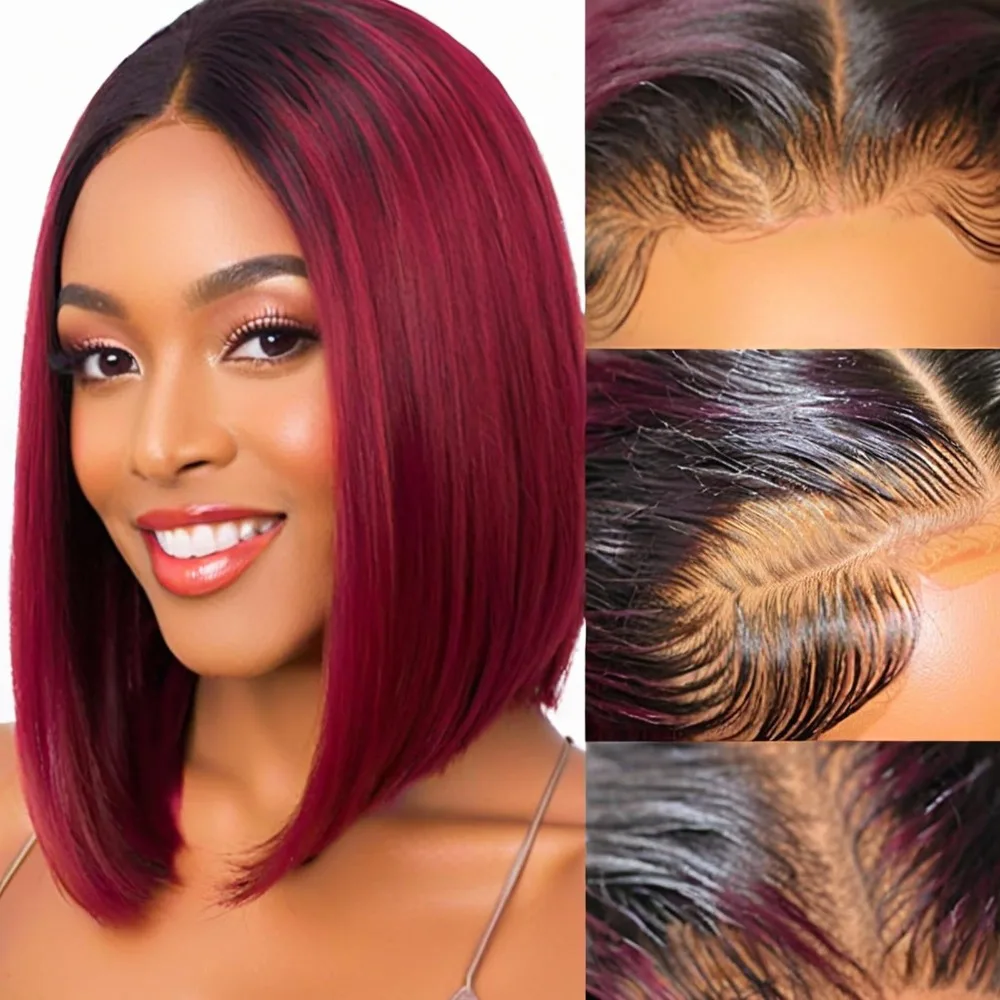 MAGICSTONE 1B/99J Burgundy Short Straight  Human Hair Bob Straight Lace Front Wig Burgundy Remy Short Cut Bob Lace Frontal Wig