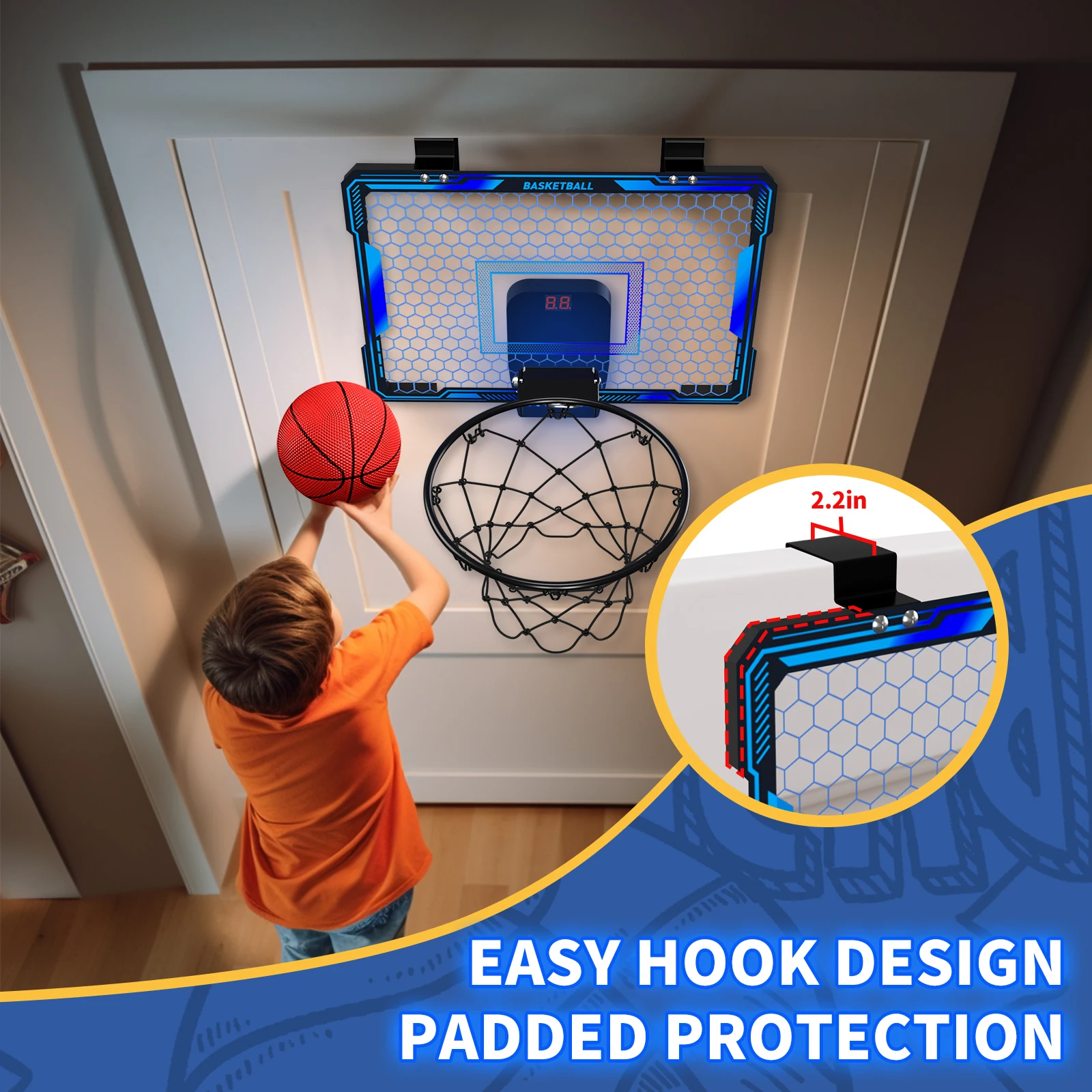 Afstandsbediening basketbalring binnen met 7 LED-verlichting, basketbalring boven de deur, basketbalspeelgoed cadeau voor kinderen, volwassenen