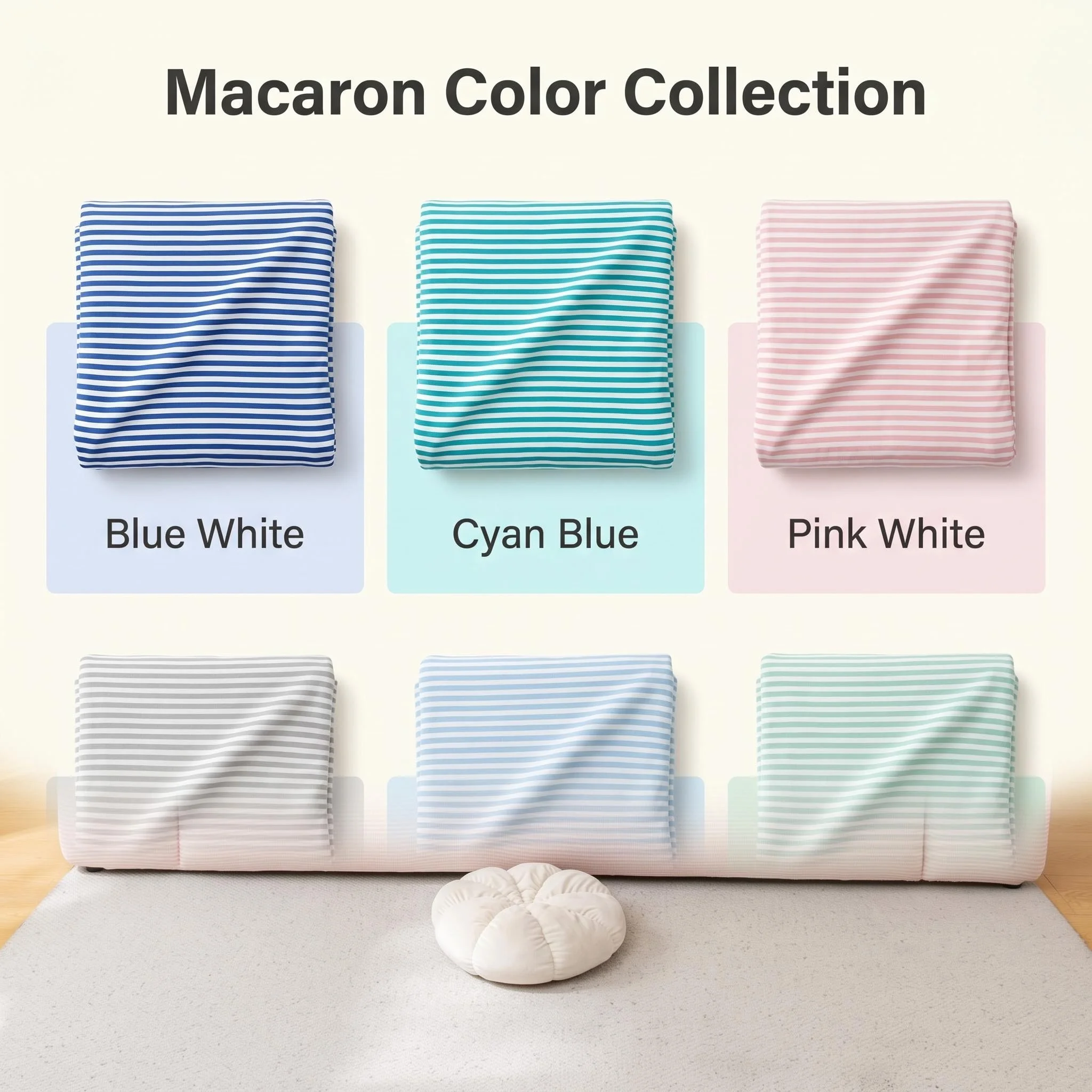 Summer Cool Touch Stripe Macaron Colors Stretchy Full Covered Sofa Cover with 1pc PIllow Case, Cool Feel Elastic Sofa Slipcover