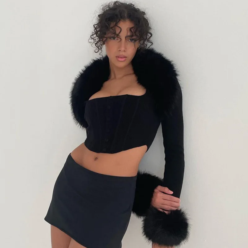 Faux Fur Coat Women Fall Clothing Black Short Jacket Knitted Cropped Cardigan For Women