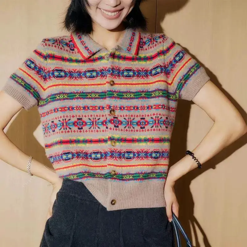 

Retro Jacquard Fel Island Craft Cardigan Women'S Spring/Summer Polo Collar Short Sleeve Fashion Knitted Shirt