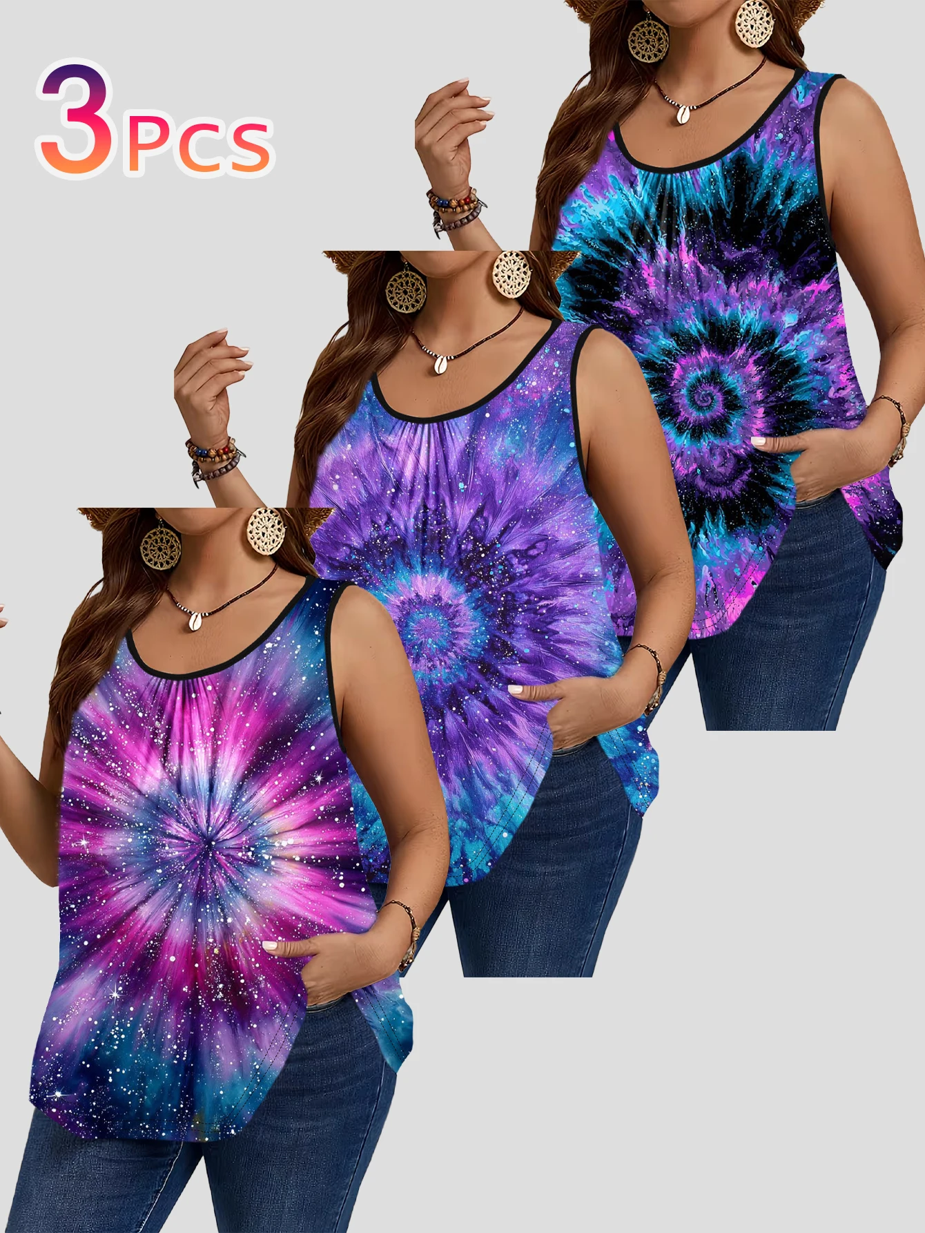3-Piece Set of Plus-Size Women's Vests|Psychedelic Cosmic Swirl Tie-Dye Starry Sky Glitter Digital Print Loose Slimming Round Neck Sleeveless Women's Top