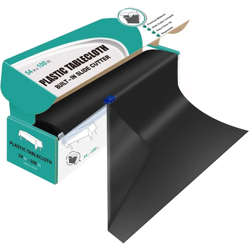 

Black Disposable Plastic Tablecloth Roll, 54 x 100', with Cutter Box for Party Table Covers