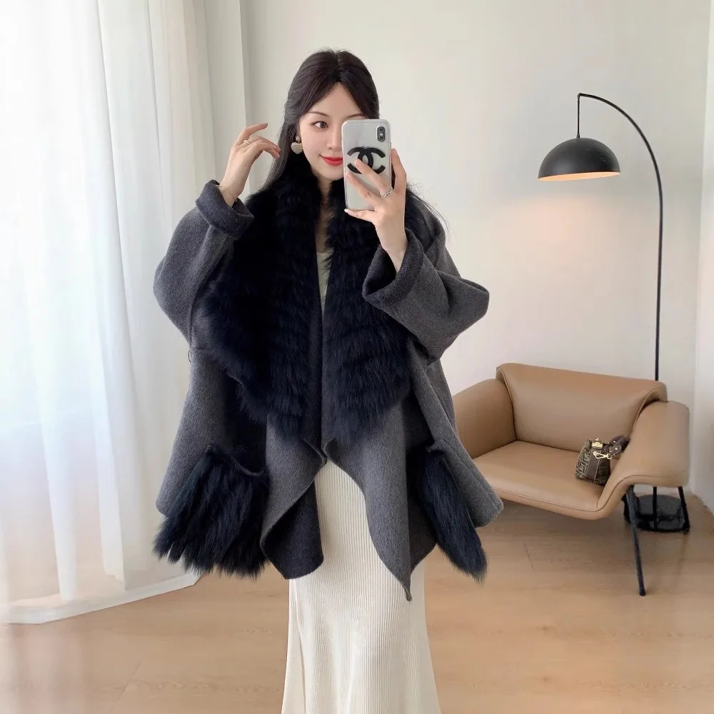 Modny, dwustronny płaszcz kaszmirowy damski z wysokiej jakości futrzanym kołnierzem z lisa, krótki wełniany płaszcz z prawdziwego futra, streetwear - hit sprzedaży.