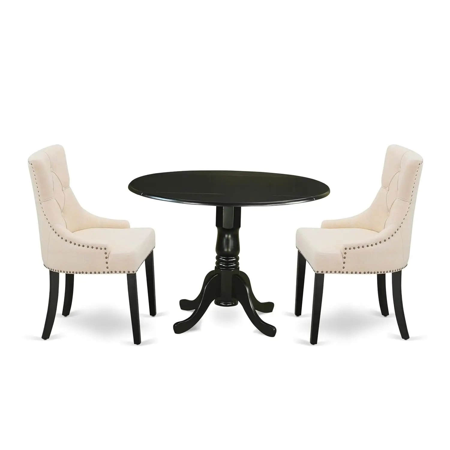 Round Dropleaf Dining Table & 2 Parson Chairs Set, Light Beige Linen Fabric Seat, 42x42 Inch, Black, Customized