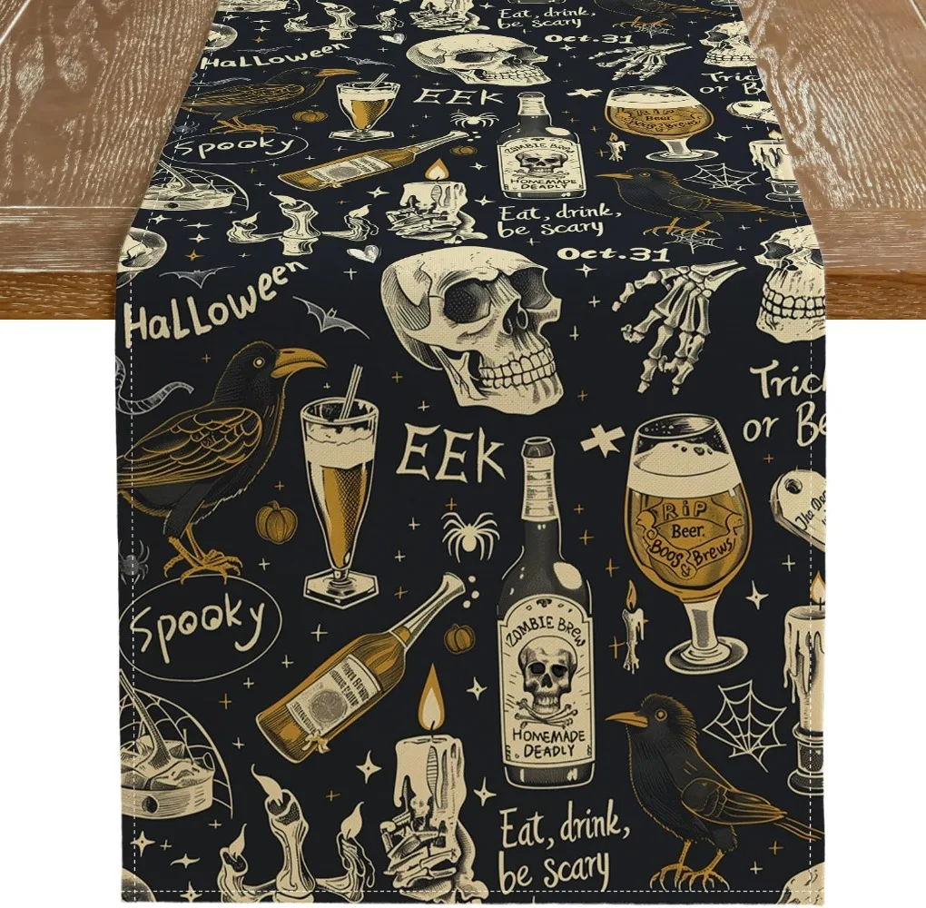

Halloween Skull Spooky Black Table Runner Holiday Indoor Outdoor Table Decoration for Home