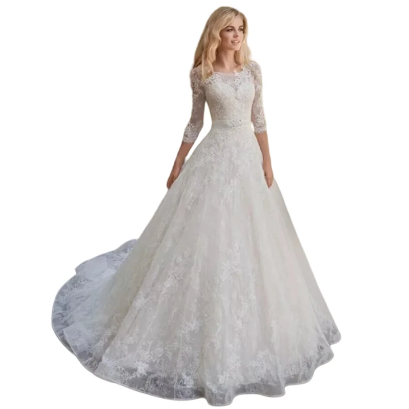 Abiti da sposa eleganti in pizzo a trapezio con scollo a O e maniche lunghe con applicazioni Abito da sposa avorio personalizzato