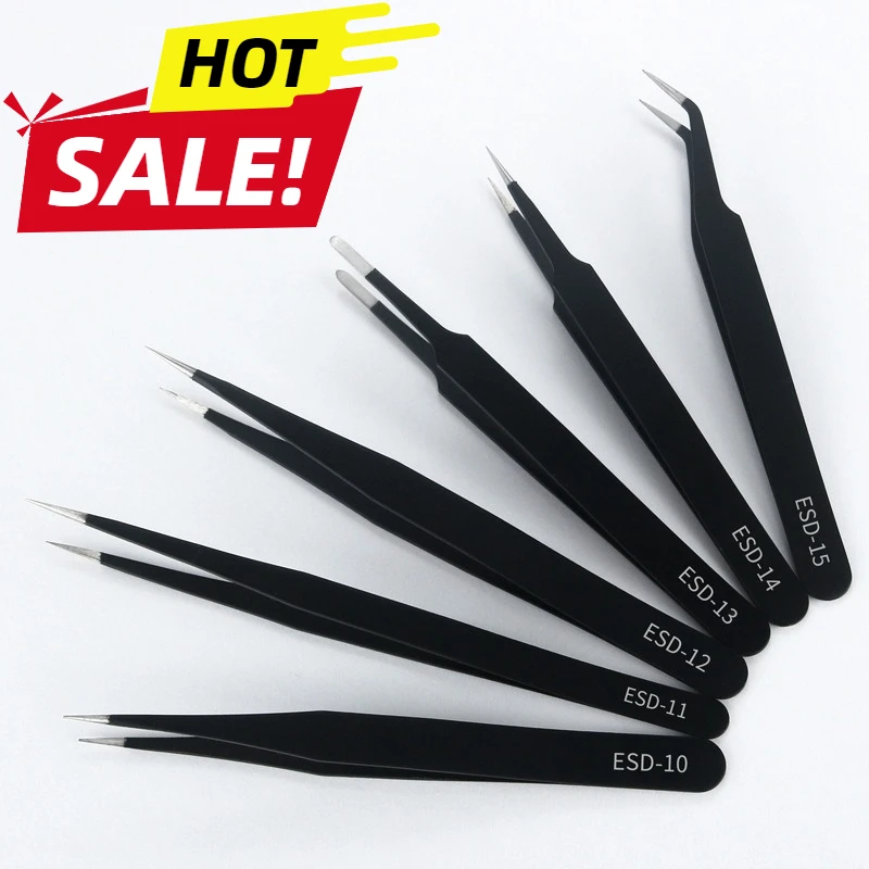 

6 шт., прецизионные пинцеты ESD из нержавеющей стали с заостренным концом, антистатическая сервисная панель, изгиб трубы, запасные части, инструменты для ремонта, телефон, ресницы, CN