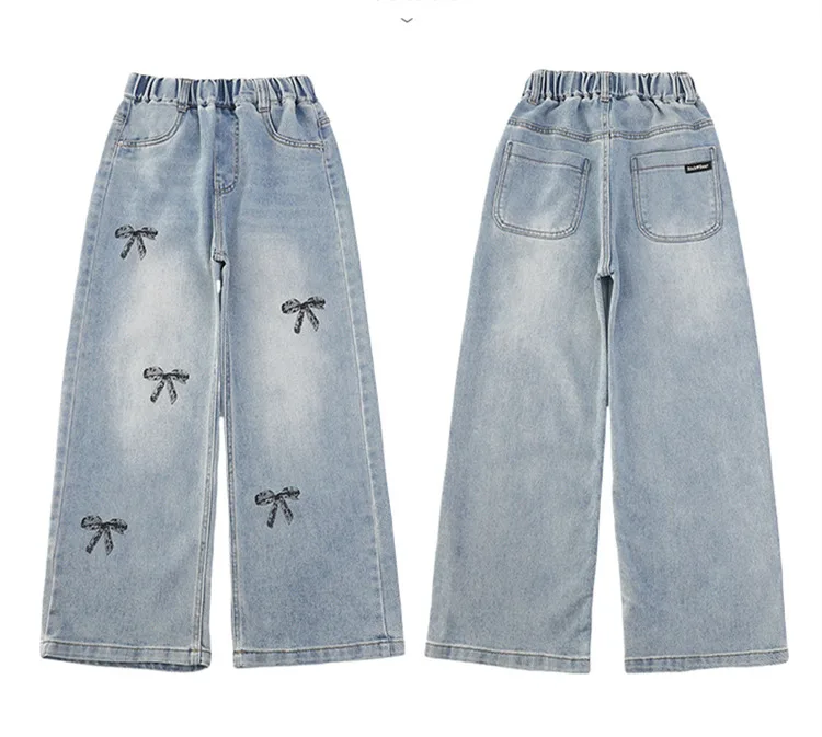 Neue Frühlings- und Herbst-Kinderjeans mit Schleifen für Mädchen, High-Street-Denimhosen mit geradem Schnitt für Teenager, lässige Kinderjeans, Hosen 5-14 Jahre – Detail 8