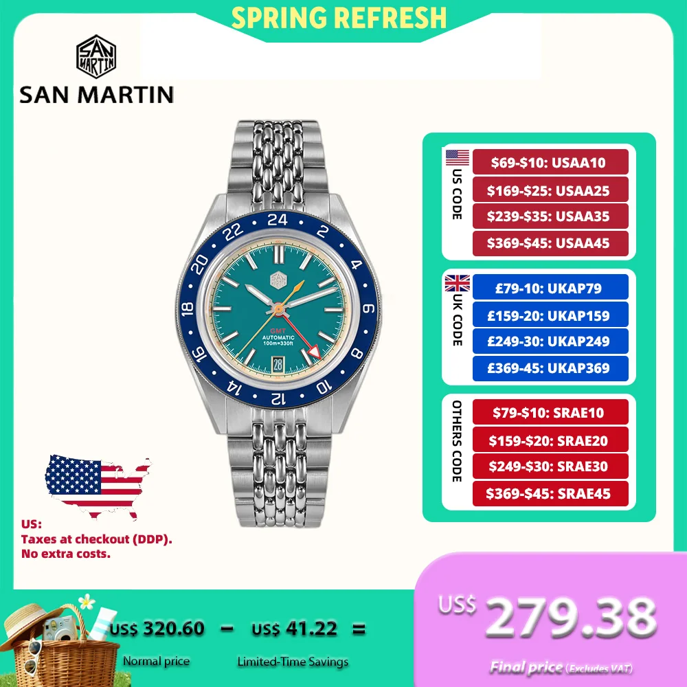 

San Martin Original 39.5mm NH34 GMT Men Mechanical Wristwatch Fly Adjustable Clasp Sport Watch Waterproof 10Bar Reloj SN0116-0/4