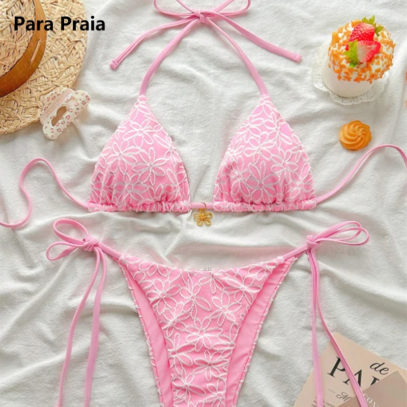 

Para Praia Thong Swimsuit Women Halter Micro Bikini Set 2025 Floral Swimwear Brazilian Bathing Suit Beachwear