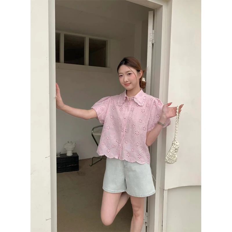 Sweet Style Short Sleeve Bubble Shirt Women's Turn-down Collar 2026 Summer New Lace Embroidery Hollow out Patchwork Blouse