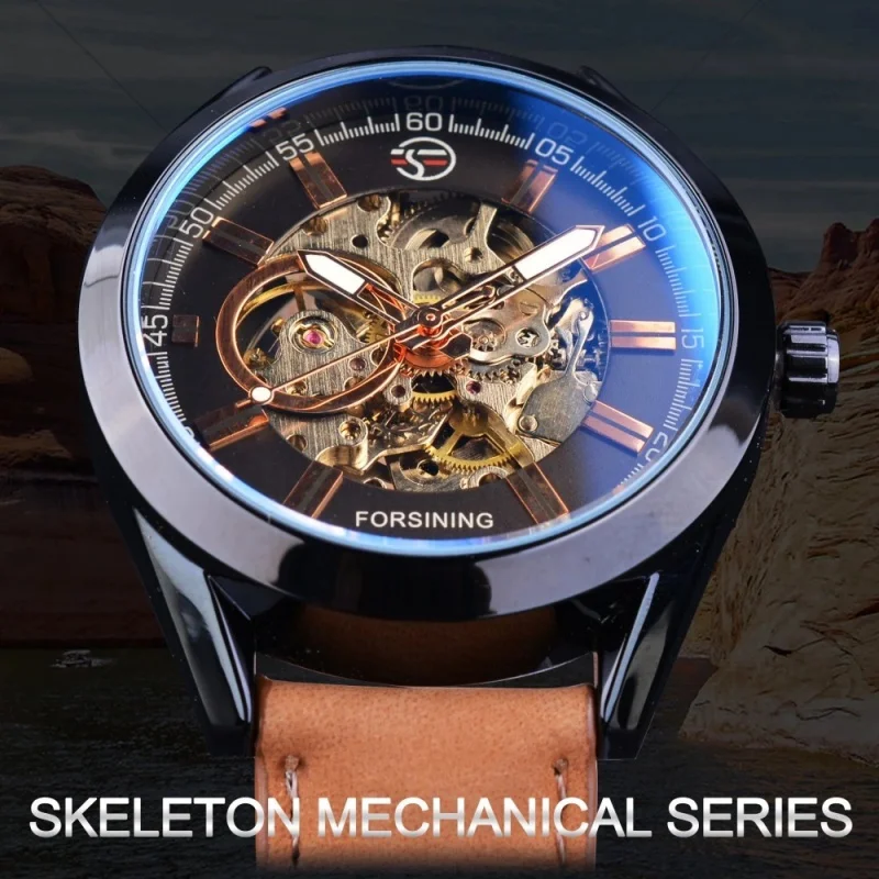 Official brand of free shippingMen's Fashion Casual Automatic Watch Hollow out Mechanical Movement Blue Light Glass