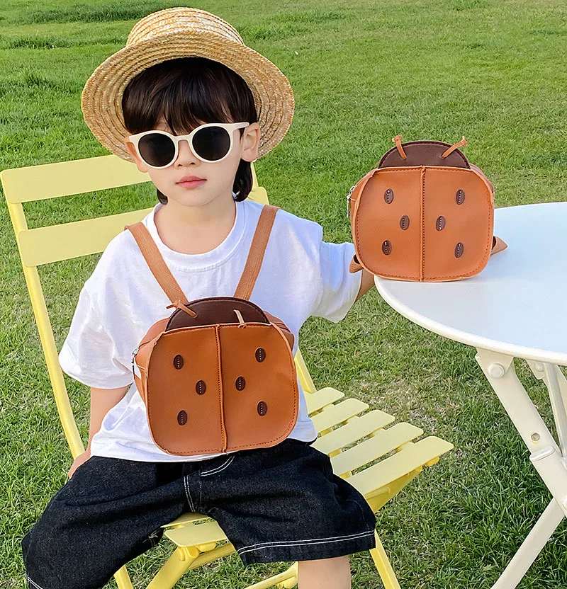 Girls Cute Ladybug Design Kids Baby Girls Boys Backpack PU Leather Outdoor Playing Brothers and Sisters Matching Storage Bags