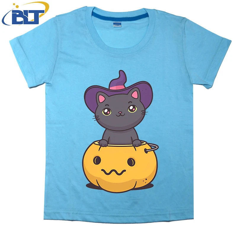 Manga curta t-shirt para meninos e meninas, top de algodão casual, bonito impresso, haloween, verão