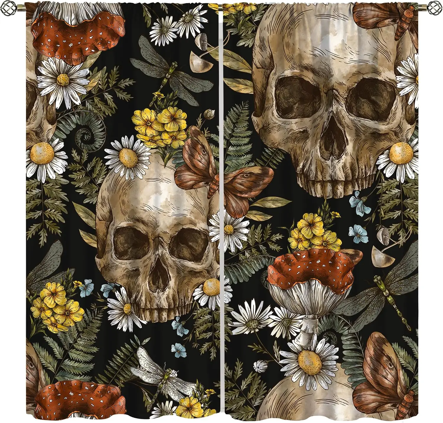Vintage Gothic Skull Floral Curtains,Black Base Daisy Dragonfly Mushroom Fern Wildflower Drapes for Dark Halloween Bedroom Decor
