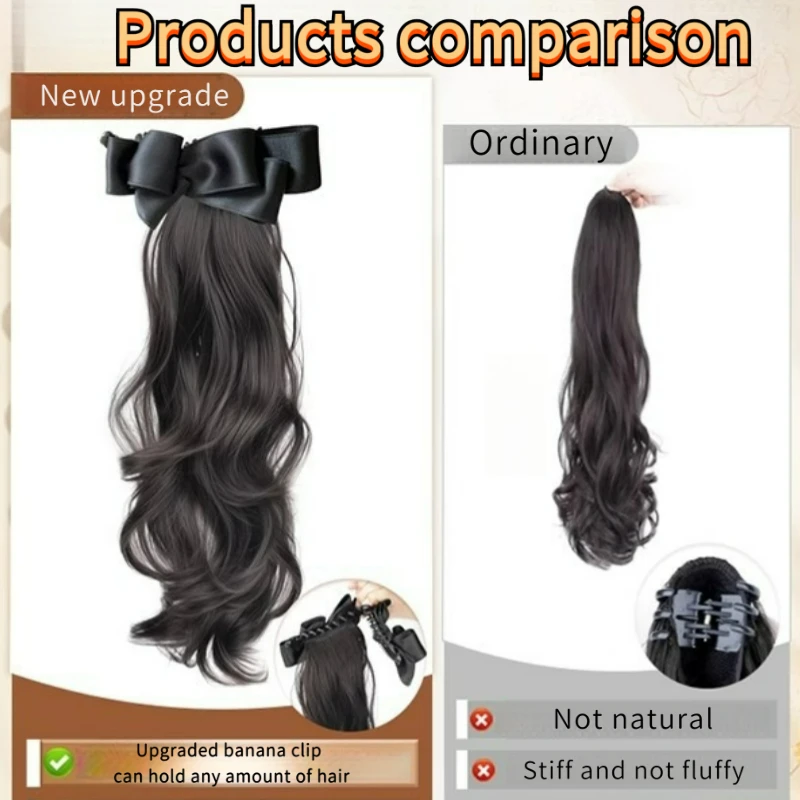 18'الاصطناعية أنيقة الحرير Bowknot الموز مخلب كليب ذيل حصان شعر مستعار مع انتزاع كليب طويل متموج الطبقات ذيل حصان للنساء الاستخدام اليومي