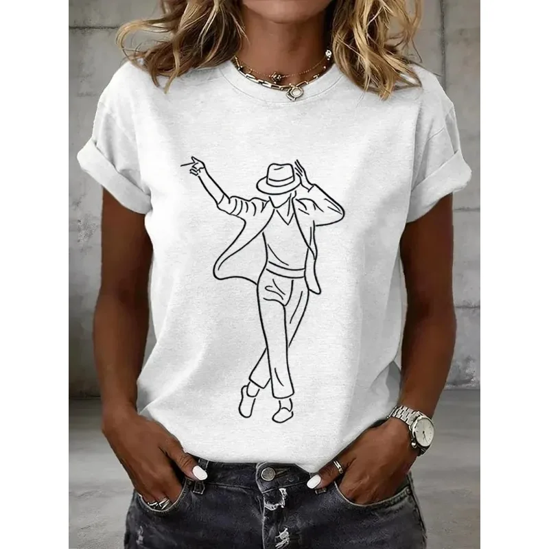 ilstile Women's King of Music Print T-Shirts Summer Short Sleeve Casual Round Neck Tops  Retro Fan Favorite Tees NEW