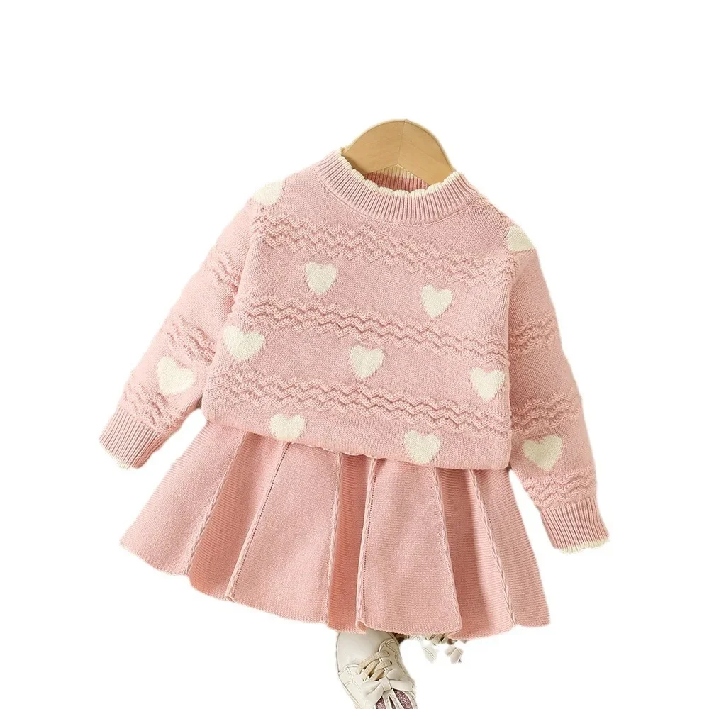 Girls\' Two-piece Sweater Set Full of Love Wave Pattern Sweater+Knit Pleated Skirt Kids Clothes Girls Sweater  Girl Cardigan Kids