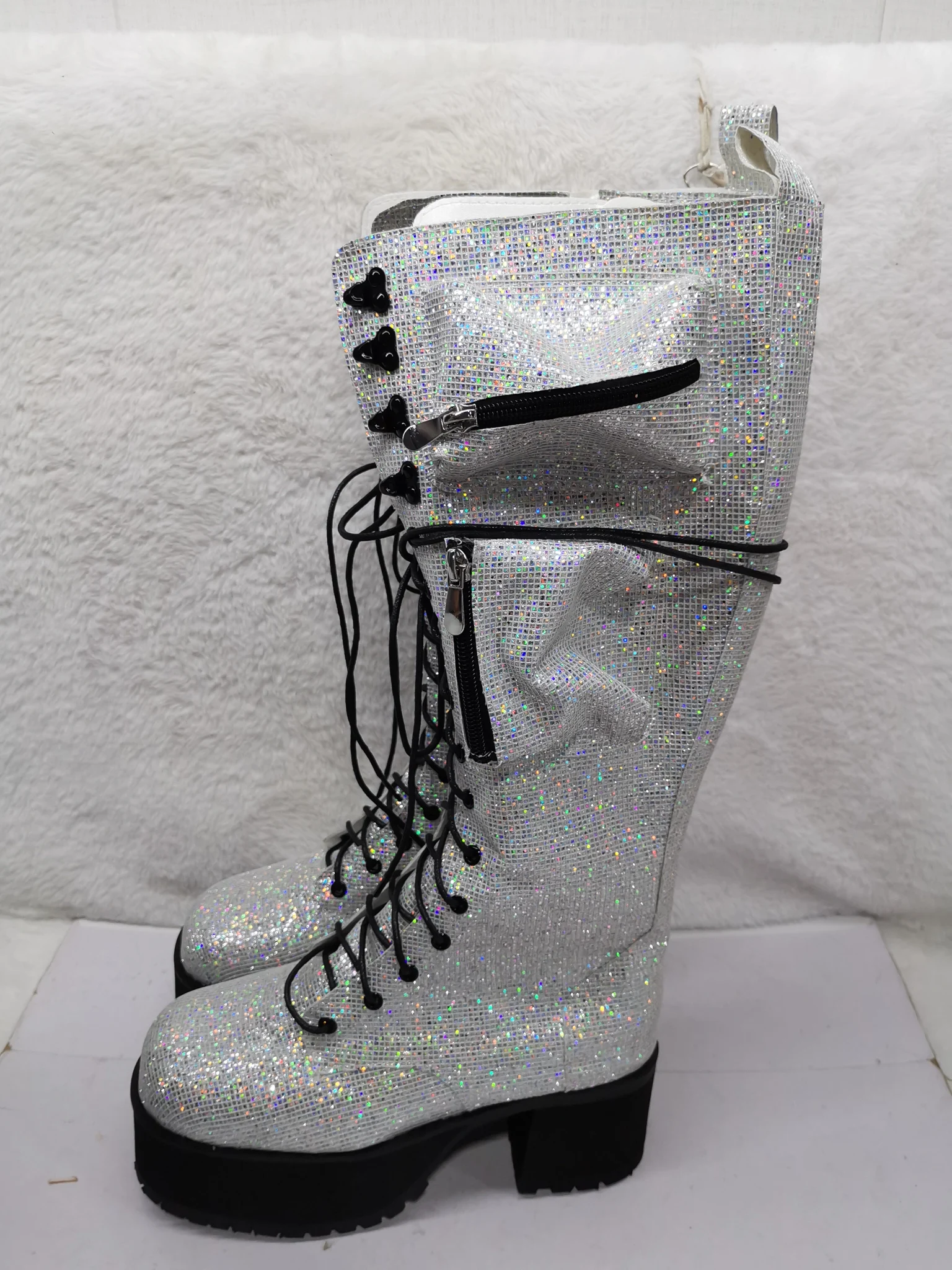 2026 New Silver Rhinestone Knee-High Boots Women Shiny Lace-Up Platform Boots Side Zipper Chunky Heel Party Performance Shoes