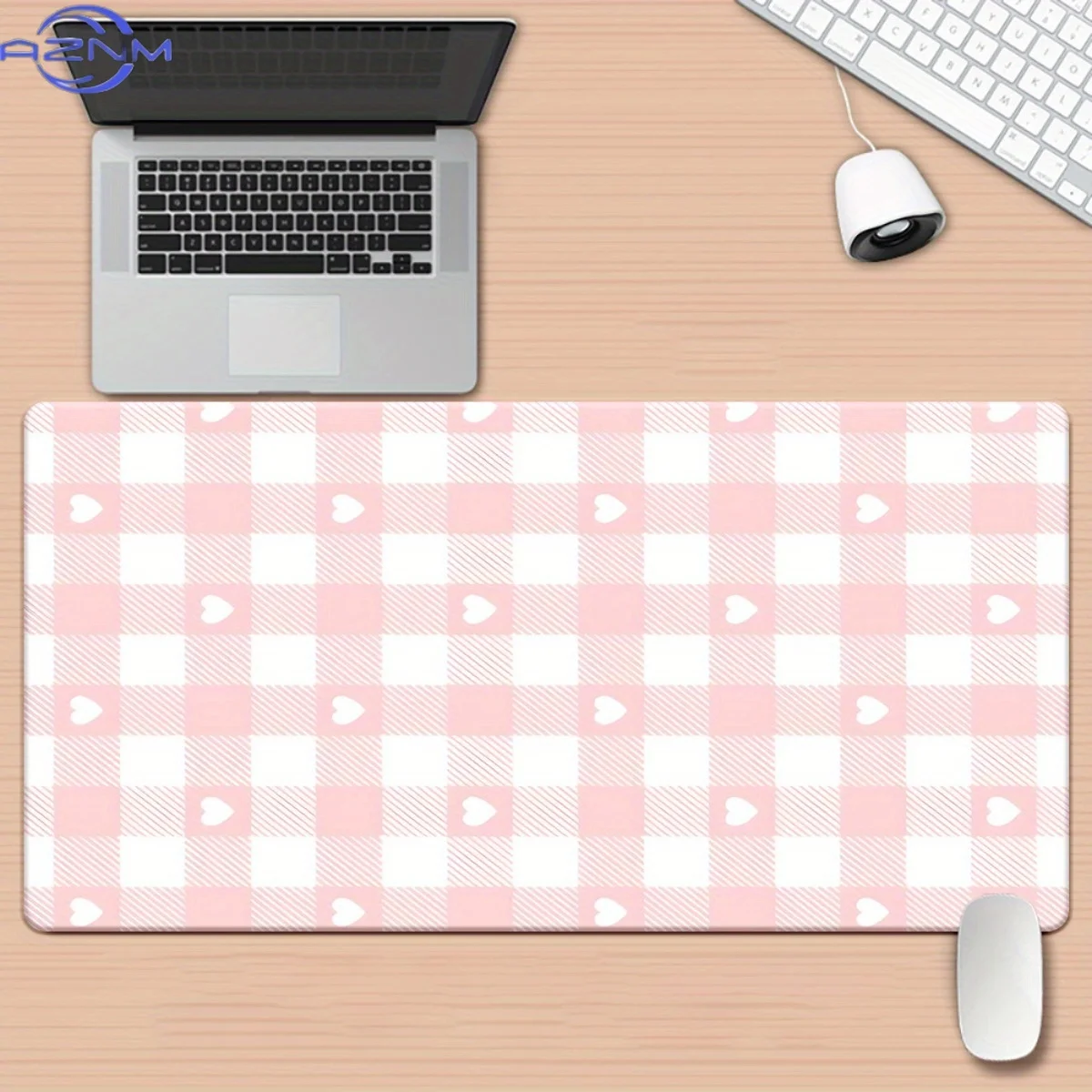 1pc Pink Checkered Gingham XXL Desk Pad & Mouse Pad - Large Non-Slip Rubber Base Gaming/Office Desk Mat, Wrist Rest Surface Prot