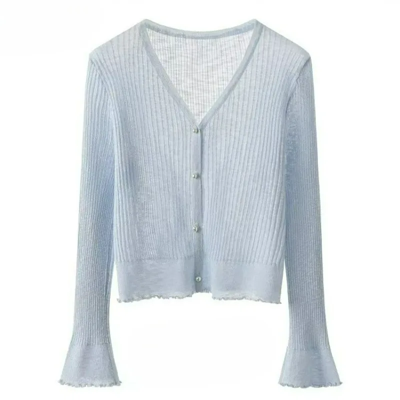 Sun-protective Cardigan Women Summer Halter Dress Ice Silk Thin with Knitted V-neck Long-sleeved Shawl Air-conditioned Shirt Top