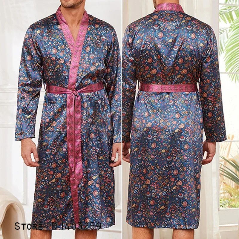 Kimono imprimé bleu marine pour hommes, vêtements de nuit décontractés en satin, robe de peignoir avec ceinture, vêtements de détente, printemps, vêtements de nuit d'été