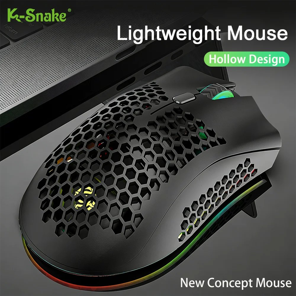 K-Snake Wireless Gaming Mouse 2.4G Bluetooth Hollow Design Lightweight Rechargeable Mouse with RGB Light For PC Laptop Computer