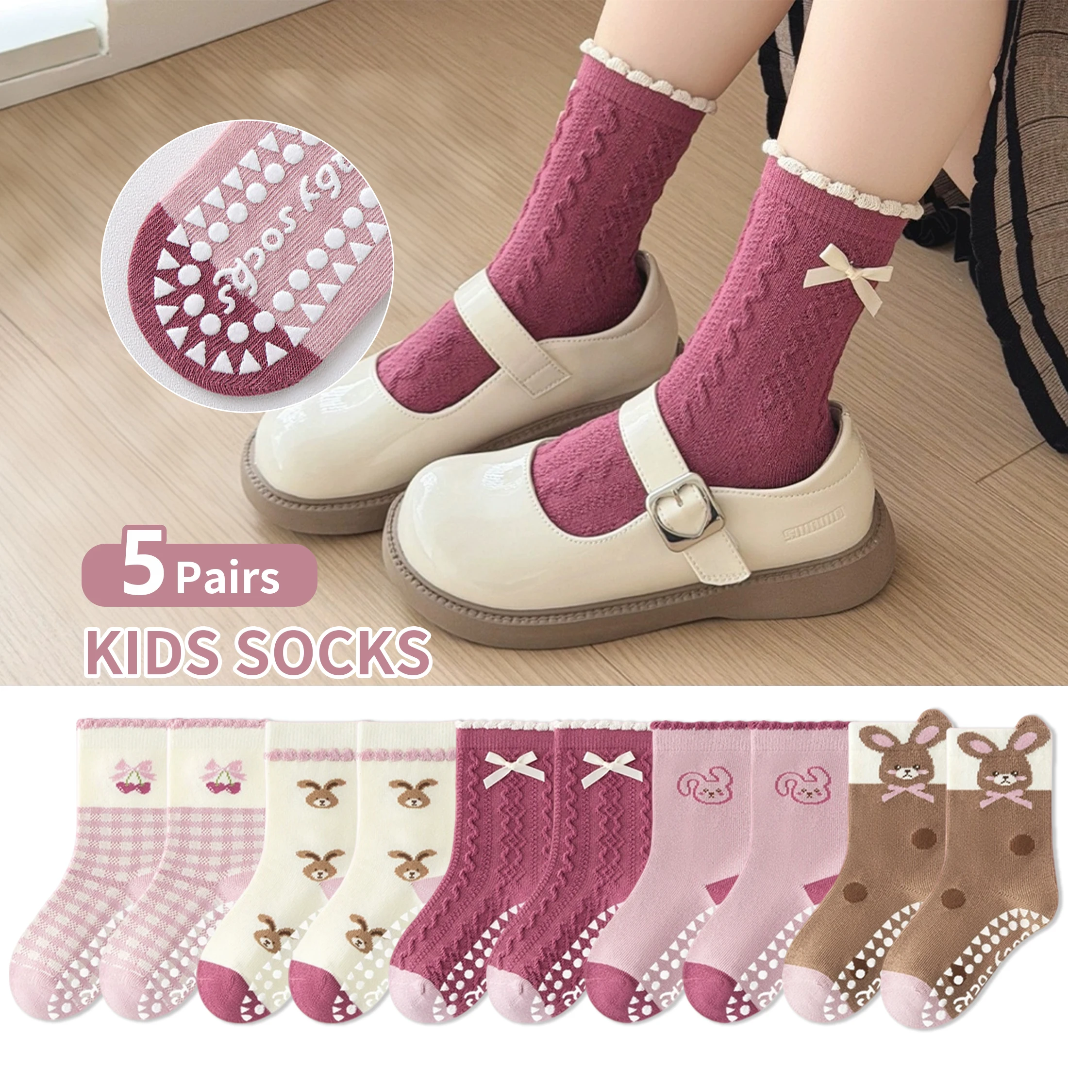 5 Pairs of Children's Floor Socks with Pink Cherry and Bunny Pattern, Non-Slip Soft Sole Indoor Cartoon Mid-Tube Socks for Boys and Girls, Baby Toddler Socks