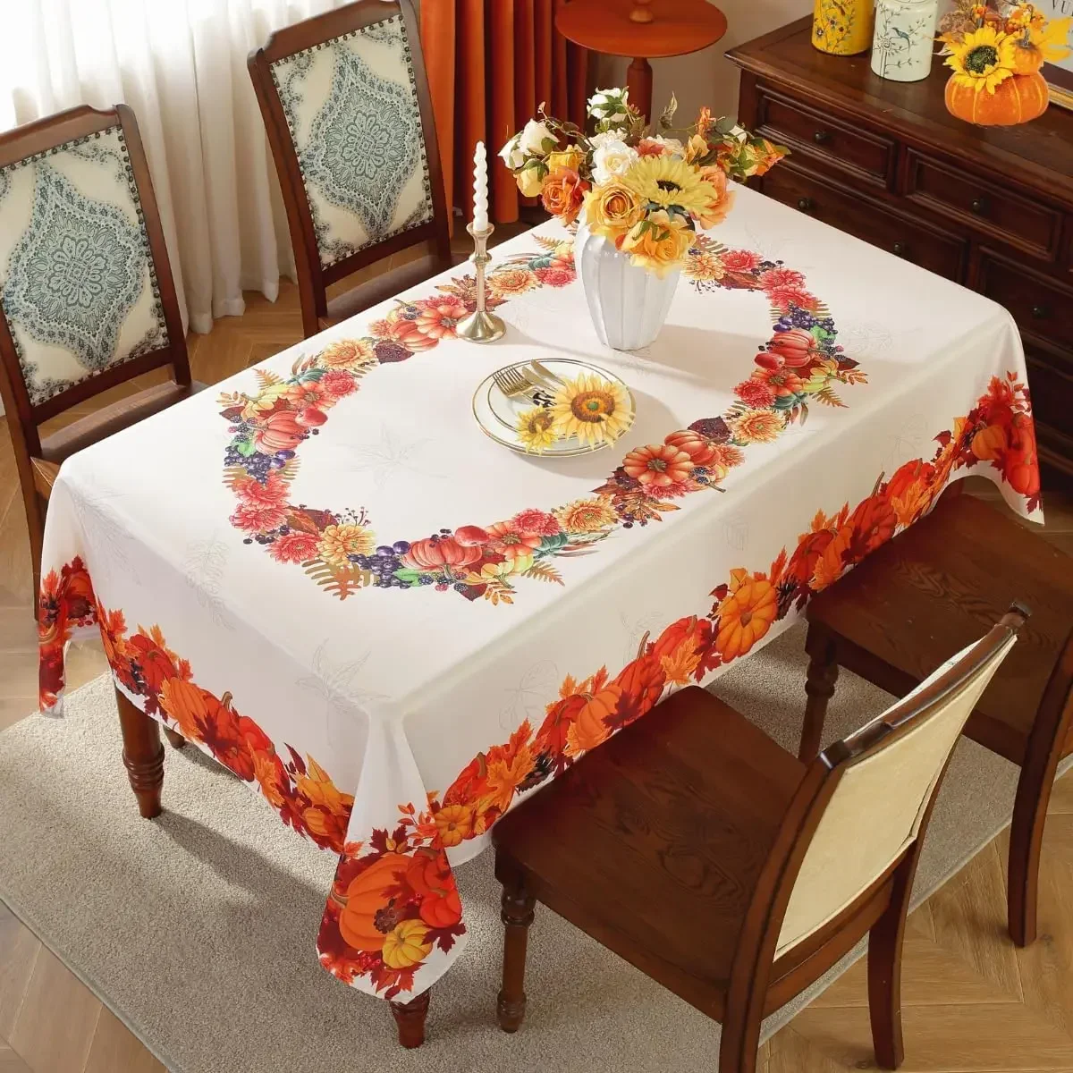 Fall Pumpkin Maple Leaf Rectangle Tablecloth Holiday Party Decor Farmhouse Kitchen Dining Tablecloth Thanksgiving Decorations