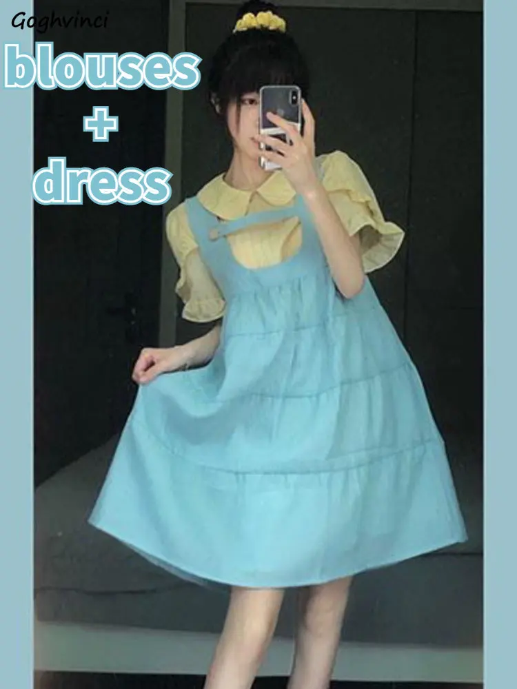 

2 Pcs Sets Women Sweet Ball Gown Mini Dress Peter Pan Collar Blouses Aesthetic Preppy Style Summer Fashion Simple Casual Ins New