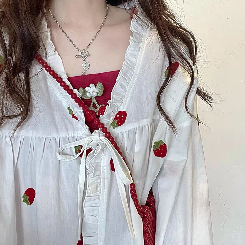 2 Stuks Sets Vrouwen Kawaii Meisjesachtige Zon-Proof Aardbei Jassen A-Line Jurken Zomer Nieuwe Mode Koreaanse Stijl Zachte Leeftijd Verminderen