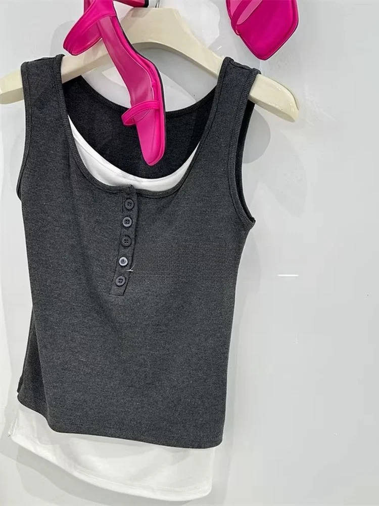 Summer Outerwear Women's Sleeveless Vest Big Size Trendy Girls Color Block Loose Fit Breathable round Neck Single Button Closure