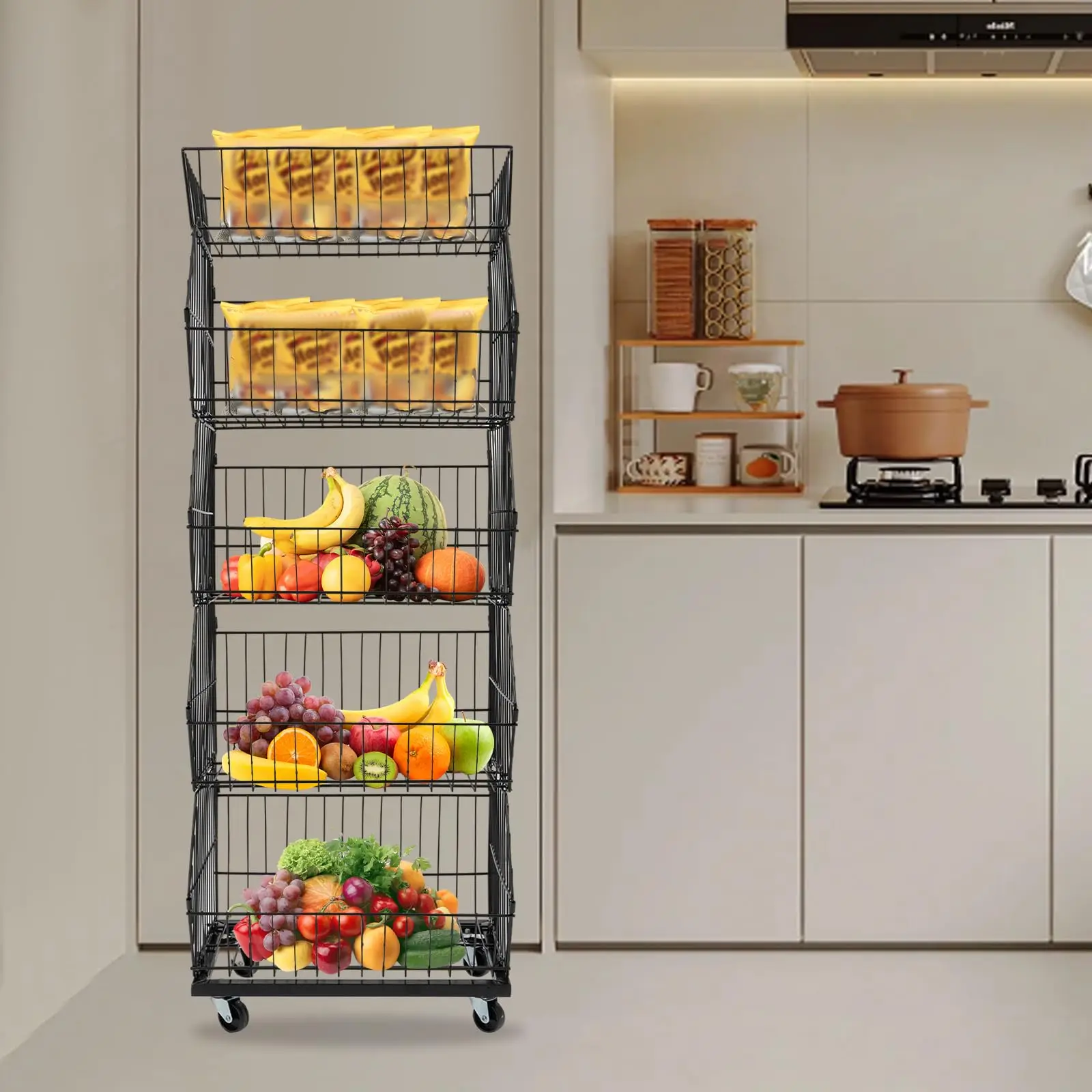 Espositore per vendita al dettaglio a 5 livelli, scaffale organizer per cestini in filo metallico con ruote, carrello portaoggetti per frutta e verdura per supermercato, Co