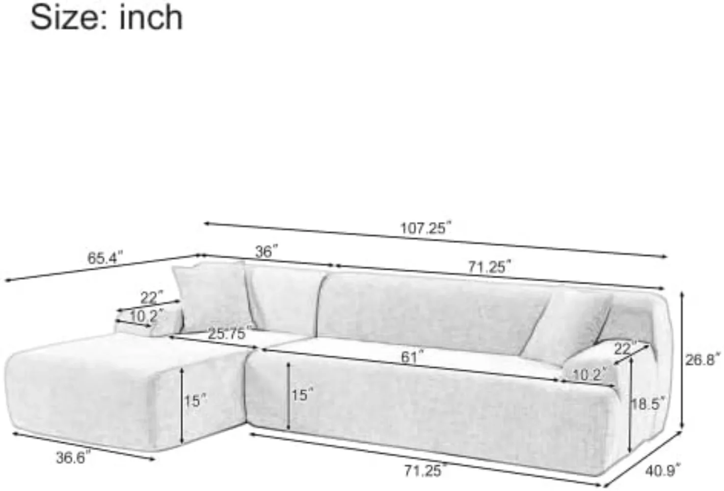 107'' Modular Sectional Couch, Comfy Chenille Fabric Sectional Sofa with Chaise Lounge, Modern Upholstered L-Shape Sofa Corner