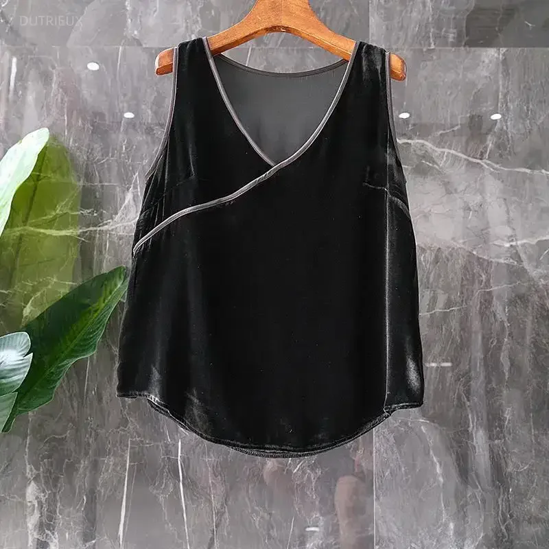 Vintage Tanks V-neck Sleeveless Fashion Black Waistcoats 2026 Ropa Mujer Korean Velvet Vest Temperament Oversized Tops Women