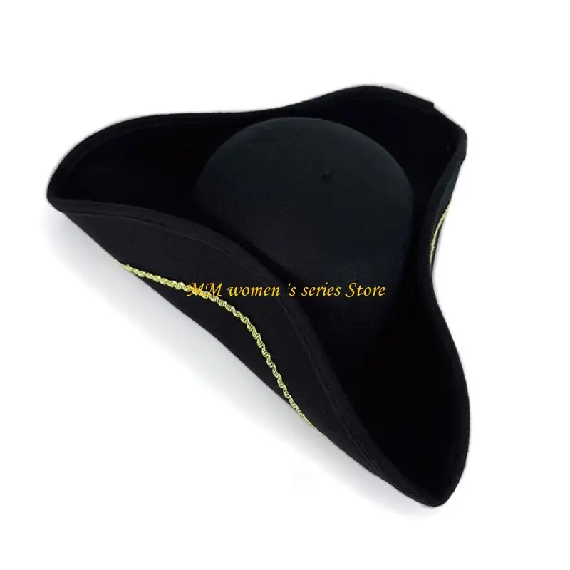 Q39C Victorian Piratenhut mit goldgenähtem Weichstätten Tricorn für Kostümpartys Vintage Adult Kostümzubehör