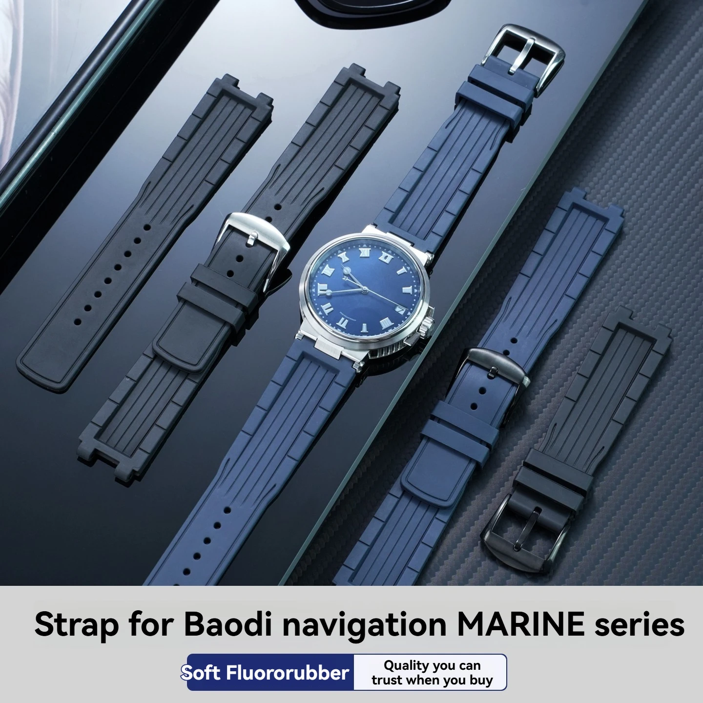 21mm Blue Black Fluoroelastomer Watch Strap for Breguet Marine, Replacement FKM Rubber Band for 5517 Models