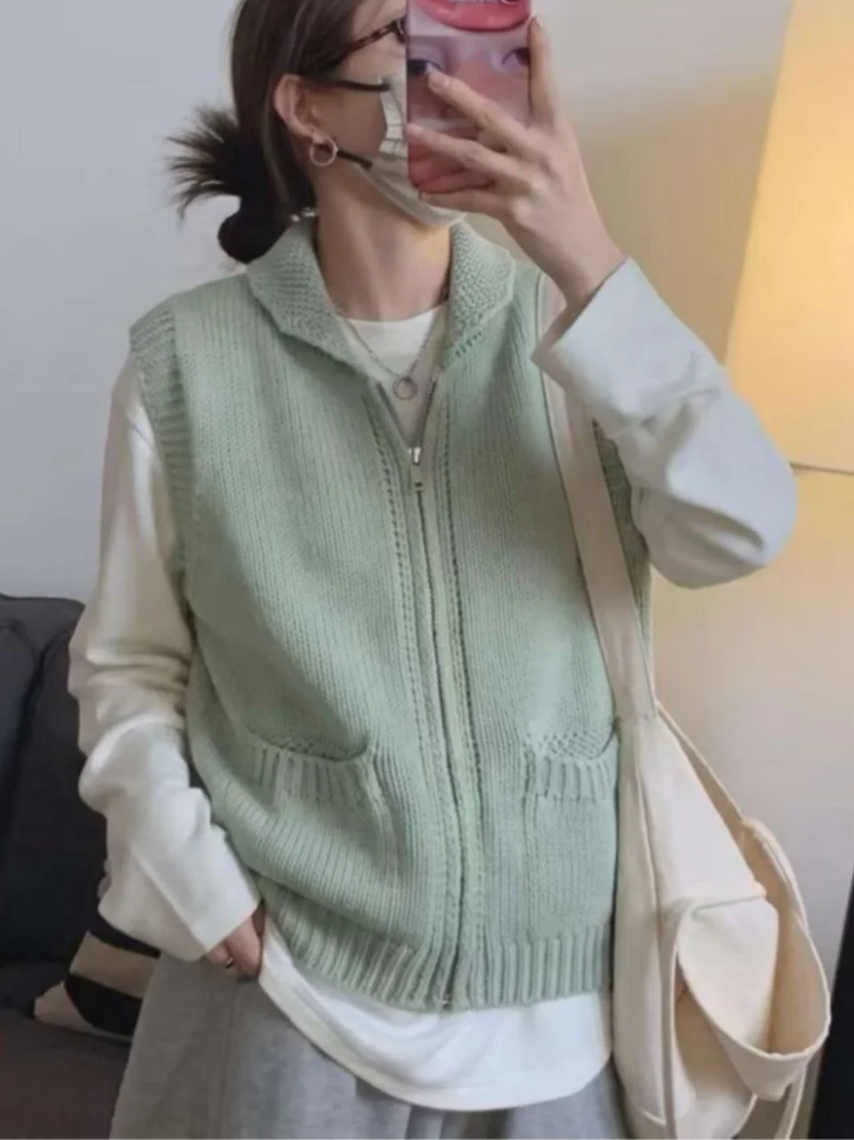 Korean Style  Anti-Aging Knitted Vest Thickened Loose All-Match Stand Collar Turn-down Collar Layering Sleeveless Women'...
