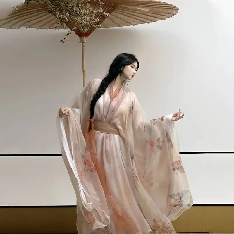 

Wei Jin Hanfu Ancient Style Large Sleeve New Spring Autumn Long Robe Fairy Collar Straight Skirt Wide Sleeve Cool Outfit Chinese