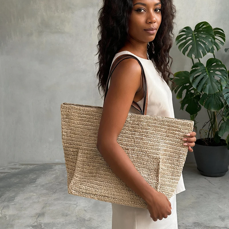 Handgewebte Stroh-Strandtasche, Große Kapazität Damen-Schultertasche, Leichte Vielseitige Sommer-Handtasche für Pendeln und Reisen, Khaki – Detail 6