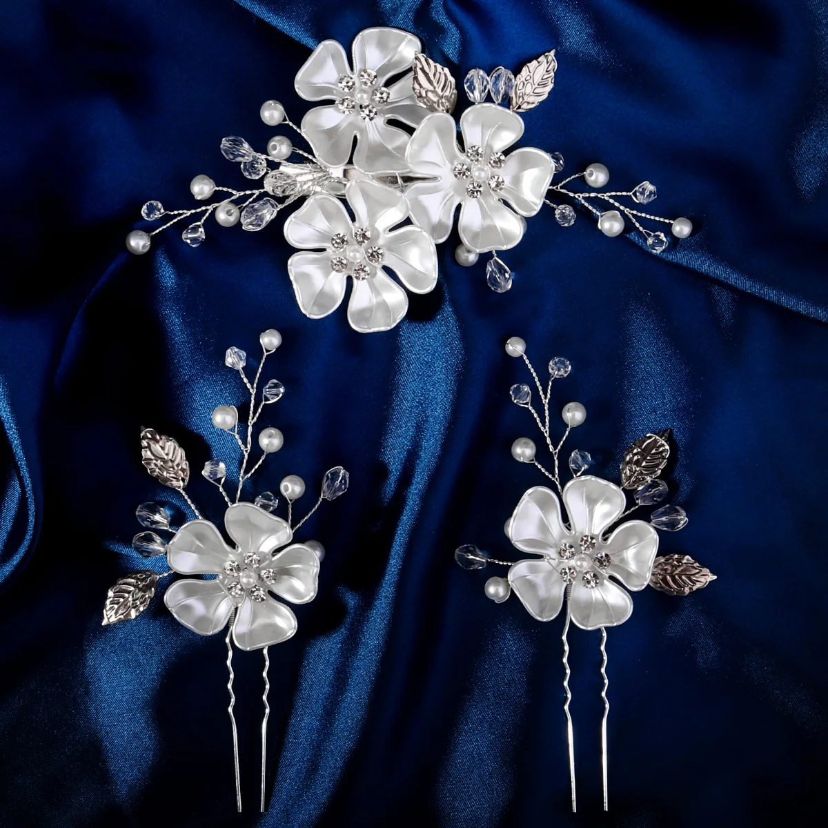3 Stück Splitter Luxus Blumen Braut Kopfschmuck Perle und Kristall Perlen Haarspange Set Klaue Haarnadel Damen Haarschmuck