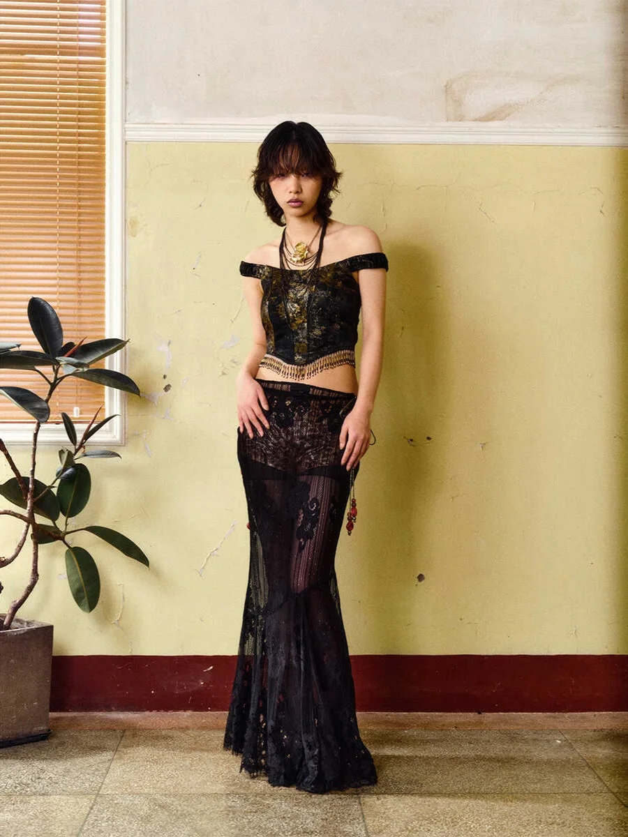 

Handmade Lace Hollow out Bla Vintage f Skirt with Beading And Fi Tail Design Original LiquidLight Sexy Sle for Women