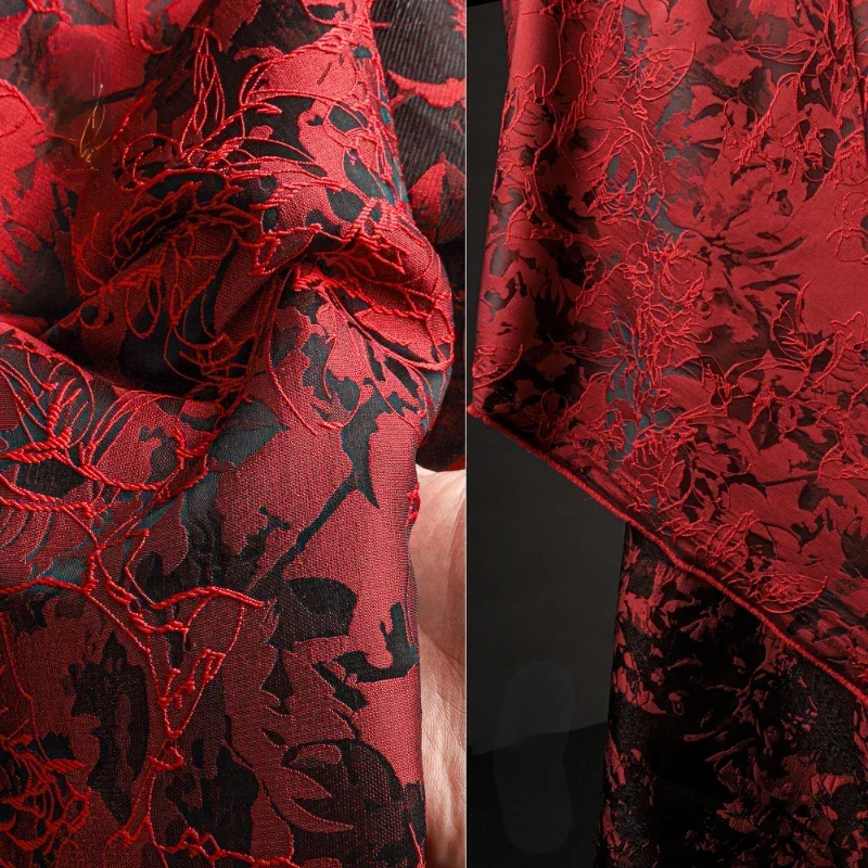 Jacquard Fabric Red Line Texture Dress Clothing Designer Wholesale Cloth Per Meter Apparel Diy Sewing Pure Polyester Material