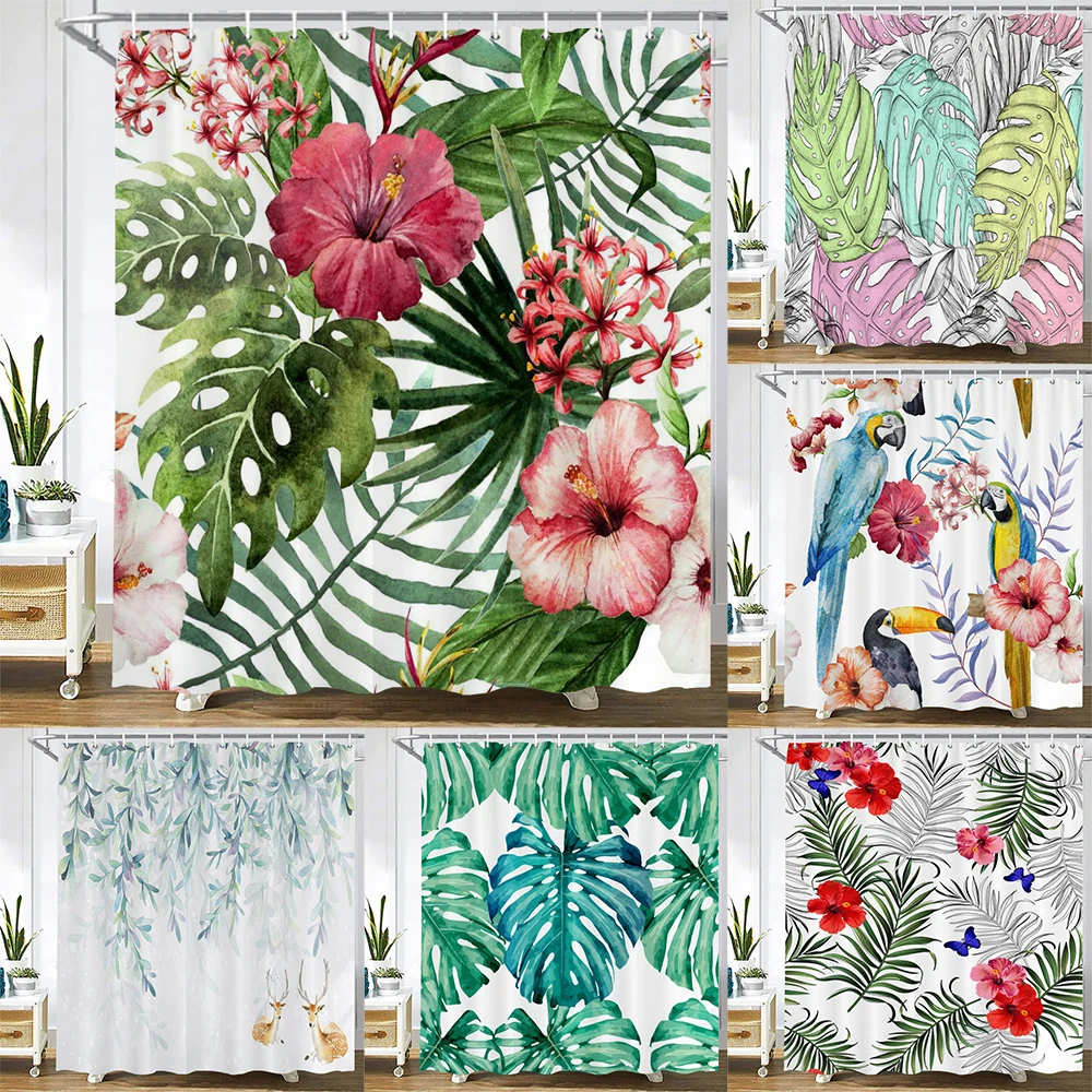 

Tropical Plant Leaf leaves Flower Shower Curtain Bathroom Curtain Printed Frabic Waterproof Polyester Bathroom Curtain with Hook