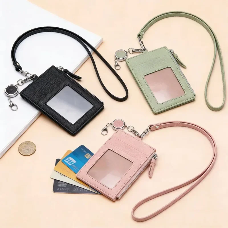 PU Leather Card Holder With Retractable Lanyard Zipper Coin Pocket ID Badge Case Multi Slot Bus Card Wallet For Women